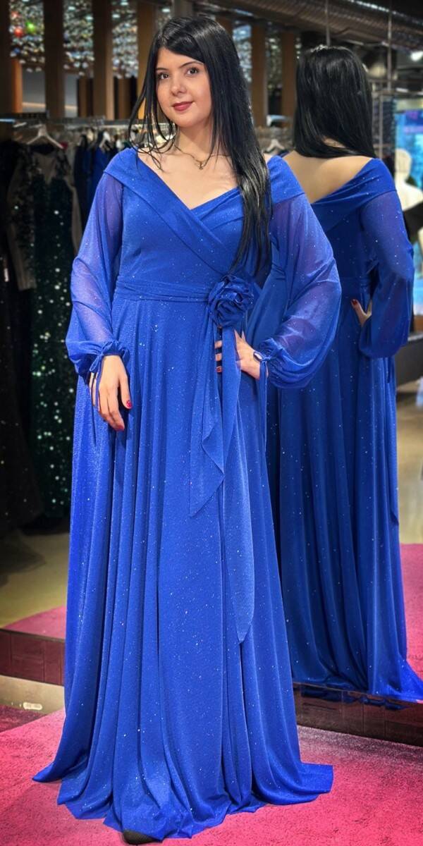 Saxe Blue Long Sleeve Floral Detailed Flared Skirt Glitter Long Evening Dress 7656 - 3