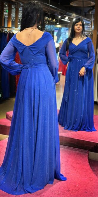 Saxe Blue Long Sleeve Floral Detailed Flared Skirt Glitter Long Evening Dress 7656 - 5