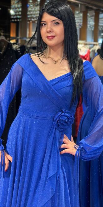 Saxe Blue Long Sleeve Floral Detailed Flared Skirt Glitter Long Evening Dress 7656 - 2