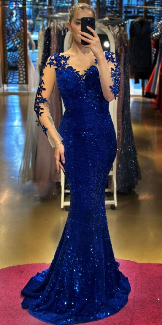 Saxe Blue Long Sleeve Mermaid Skirt Velvet Sequin Long Evening Dress 7192 - abiyeniall