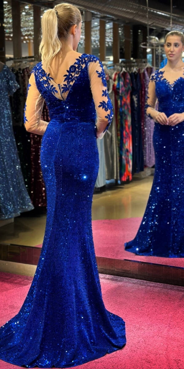 Saxe Blue Long Sleeve Mermaid Skirt Velvet Sequin Long Evening Dress 7192 - 5