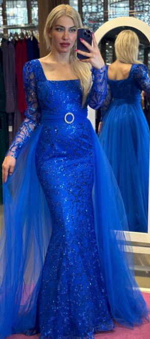 Saxe Blue Long Sleeve Straight Cut Glitter Long Evening Dress 7363 
