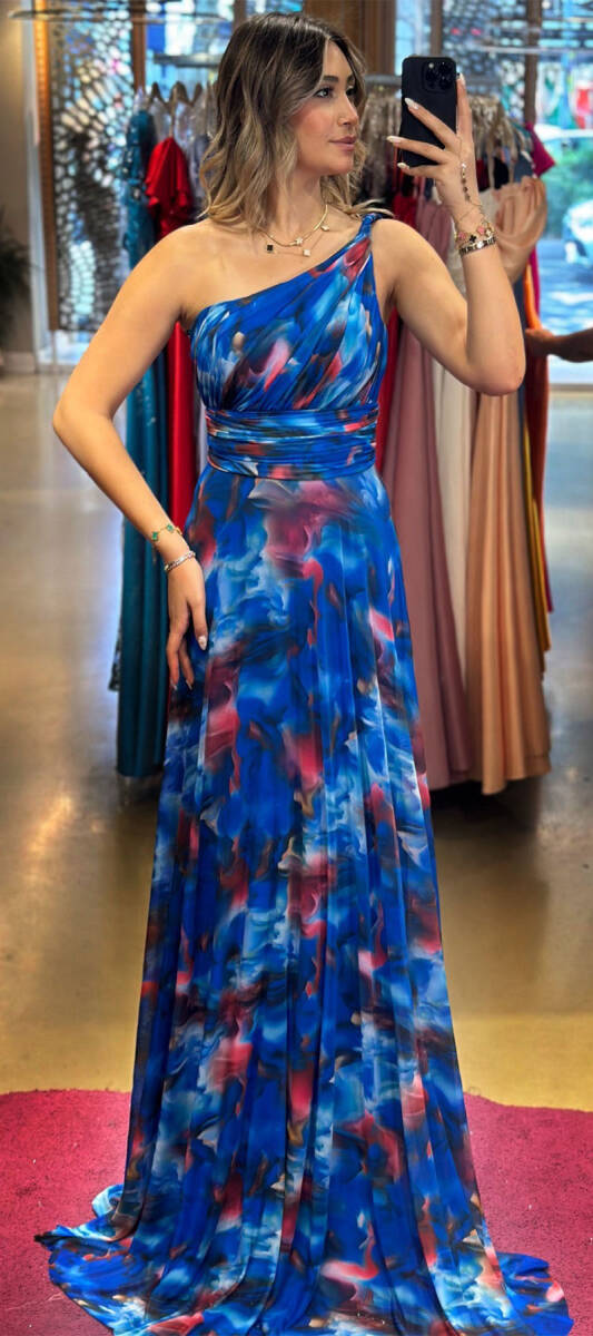 Saxe Blue One Shoulder Belted Flared Skirt Patterned Long Evening Dress 7546 - 1