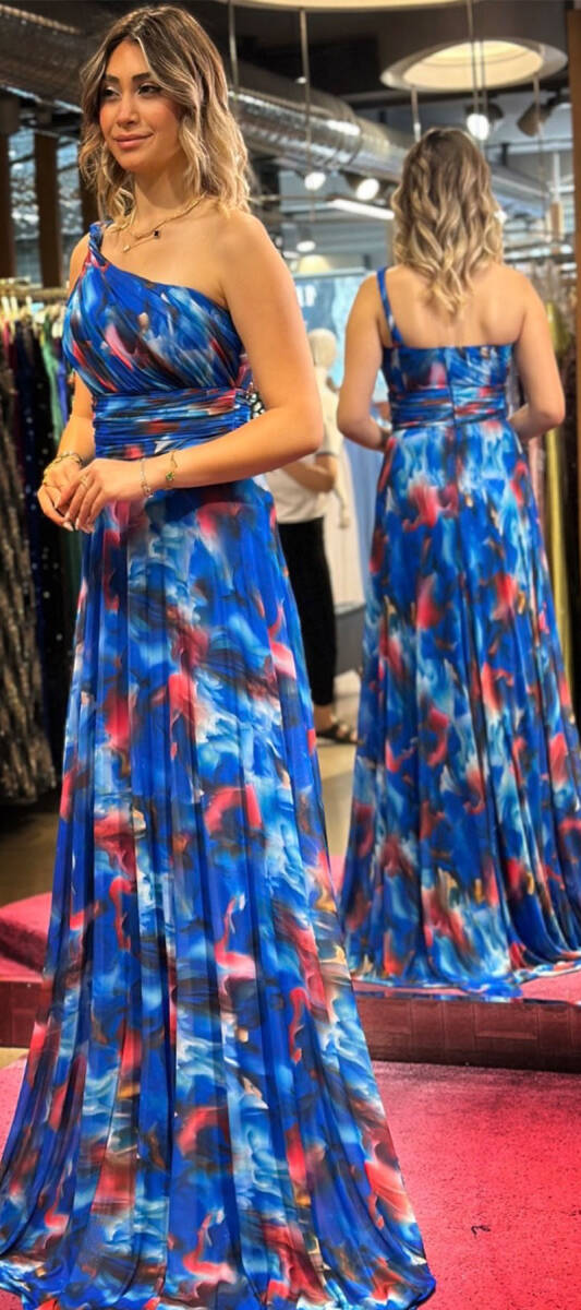 Saxe Blue One Shoulder Belted Flared Skirt Patterned Long Evening Dress 7546 - 3