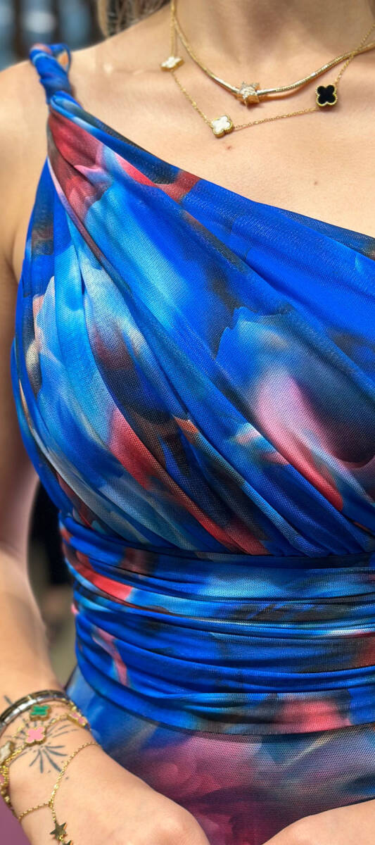 Saxe Blue One Shoulder Belted Flared Skirt Patterned Long Evening Dress 7546 - 4