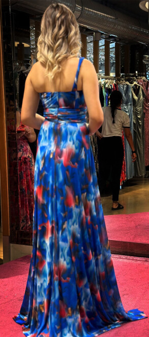 Saxe Blue One Shoulder Belted Flared Skirt Patterned Long Evening Dress 7546 - 5