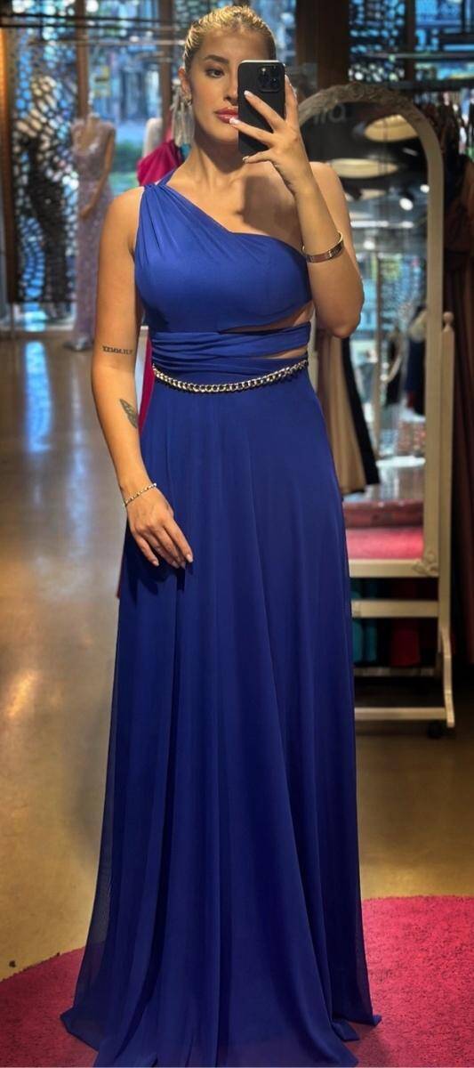 Saxe Blue One Shoulder Chain Detailed Low-Cut Back Flared Skirt Tulle Long Evening Dress 7436 - 1