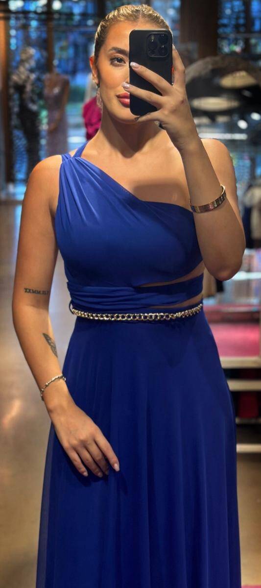 Saxe Blue One Shoulder Chain Detailed Low-Cut Back Flared Skirt Tulle Long Evening Dress 7436 - 2