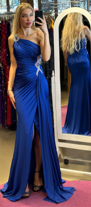 Saxe Blue One Shoulder Stone Detailed Wrap Slit Lycra Long Evening Dress 7414 