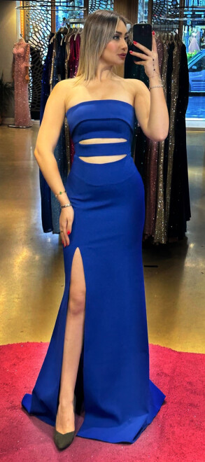Saxe Blue Slit Straight Cut Crepe Long Evening Dress 7524 - abiyeniall