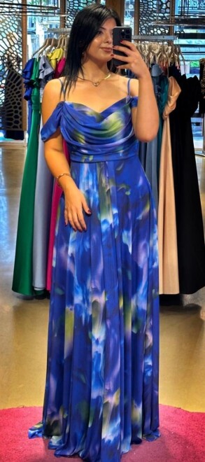 Saxe Blue Spaghetti Strap Low-Cut Back Flared Skirt Patterned Long Evening Dress 7592 - abiyeniall