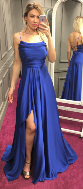 Saxe Blue Spaghetti Strap Slit Flared Skirt Satin Long Evening Dress 7234 - abiyeniall