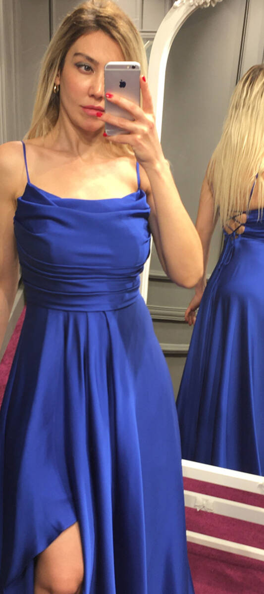 Saxe Blue Spaghetti Strap Slit Flared Skirt Satin Long Evening Dress 7234 - 2