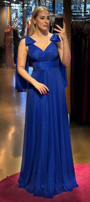 Saxe Blue Thick Strap Flared Skirt Glitter Fabric Long Evening Dress 7557 