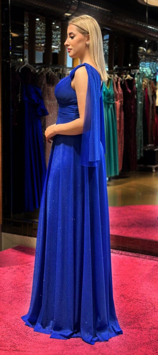 Saxe Blue Thick Strap Flared Skirt Glitter Fabric Long Evening Dress 7557 - 3