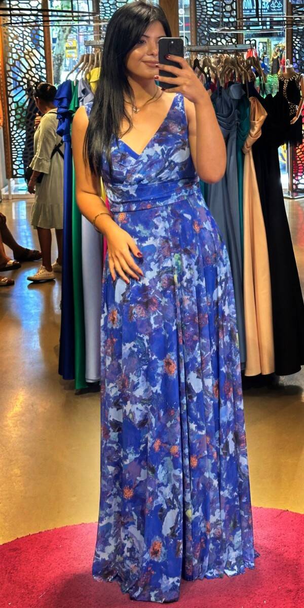 Saxe Blue Thick Strap Flared Skirt Patterned Long Evening Dress 7594 - 1