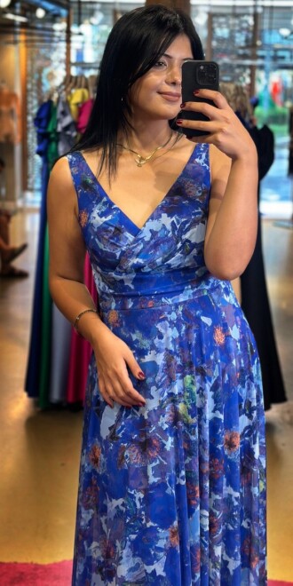 Saxe Blue Thick Strap Flared Skirt Patterned Long Evening Dress 7594 - 2