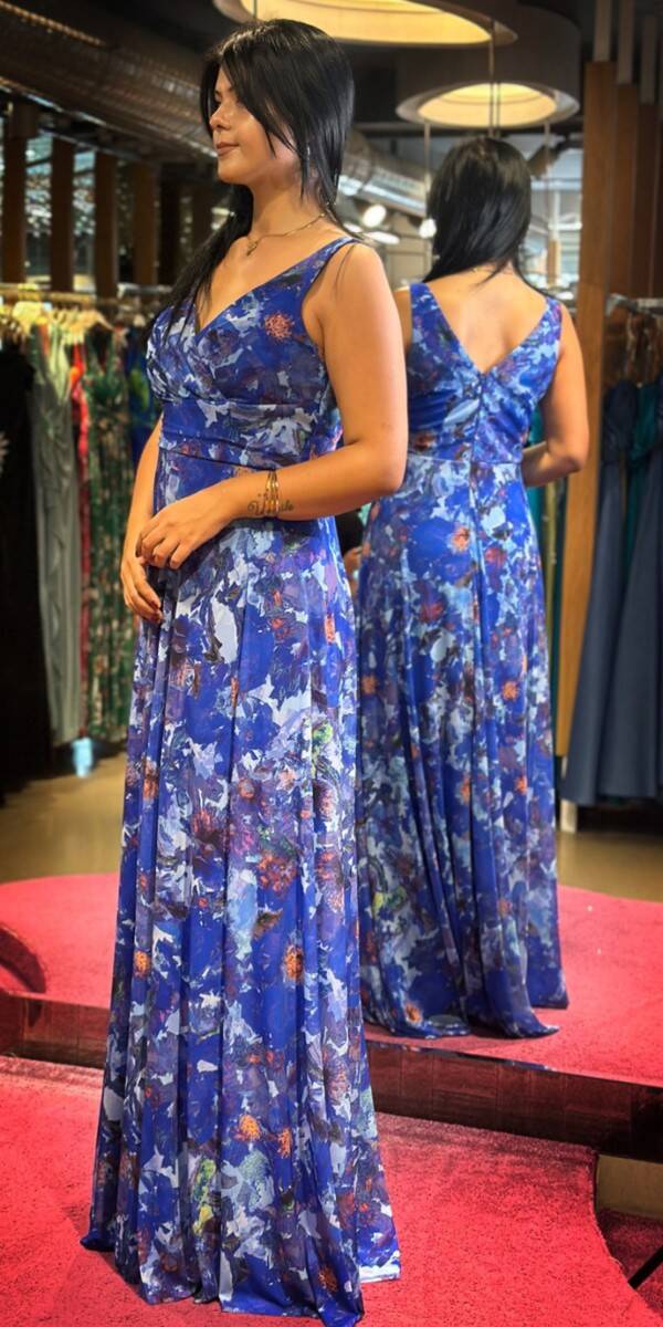 Saxe Blue Thick Strap Flared Skirt Patterned Long Evening Dress 7594 - 3