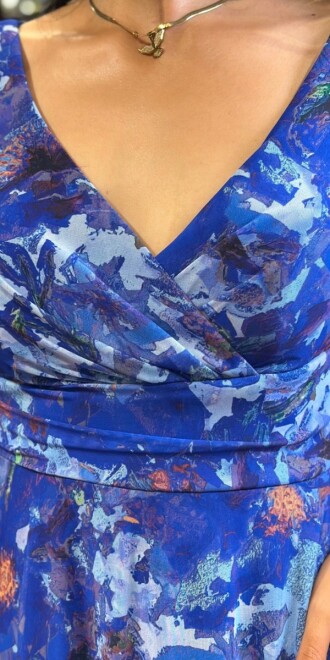 Saxe Blue Thick Strap Flared Skirt Patterned Long Evening Dress 7594 - 4