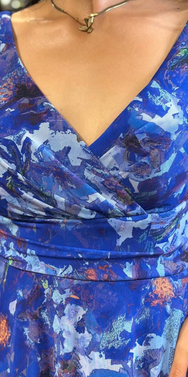 Saxe Blue Thick Strap Flared Skirt Patterned Long Evening Dress 7594 - 4