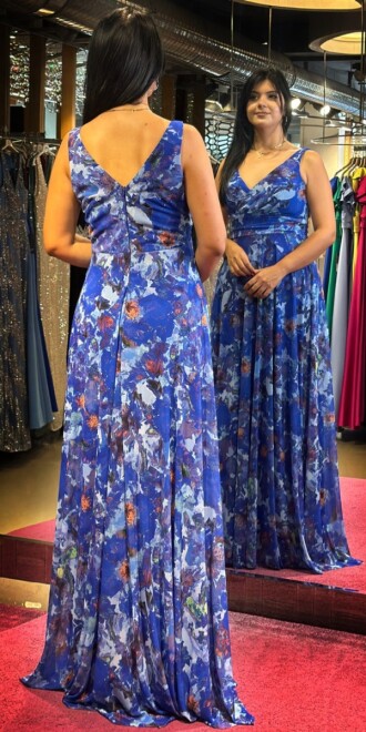 Saxe Blue Thick Strap Flared Skirt Patterned Long Evening Dress 7594 - 5