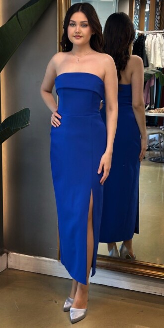 Saxe Strapless Neck Slit Straight Cut Crepe Midi Evening Dress 7692 - abiyeniall