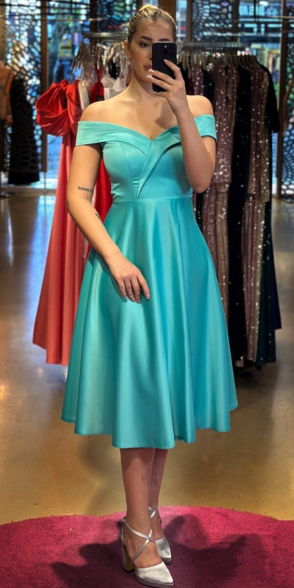Turquoise Flared Skirt Satin Midi Evening Dress 7202 - 1