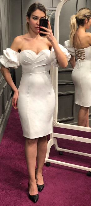 White Balloon Sleeve Low-Cut Back Straight Cut Crepe Short Evening Dress 7280 - abiyeniall