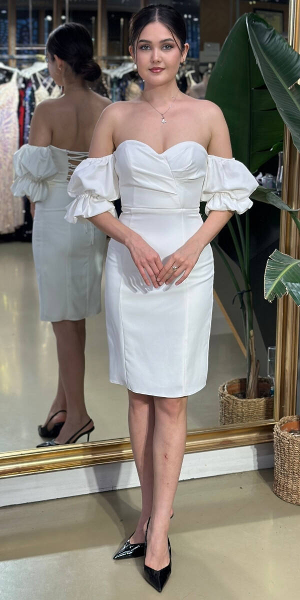 White Balloon Sleeve Low-Cut Back Straight Cut Crepe Short Evening Dress 7280 - 1