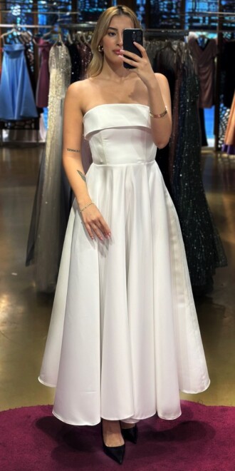 White Flared Skirt Satin Midi Evening Dress 7647 - abiyeniall