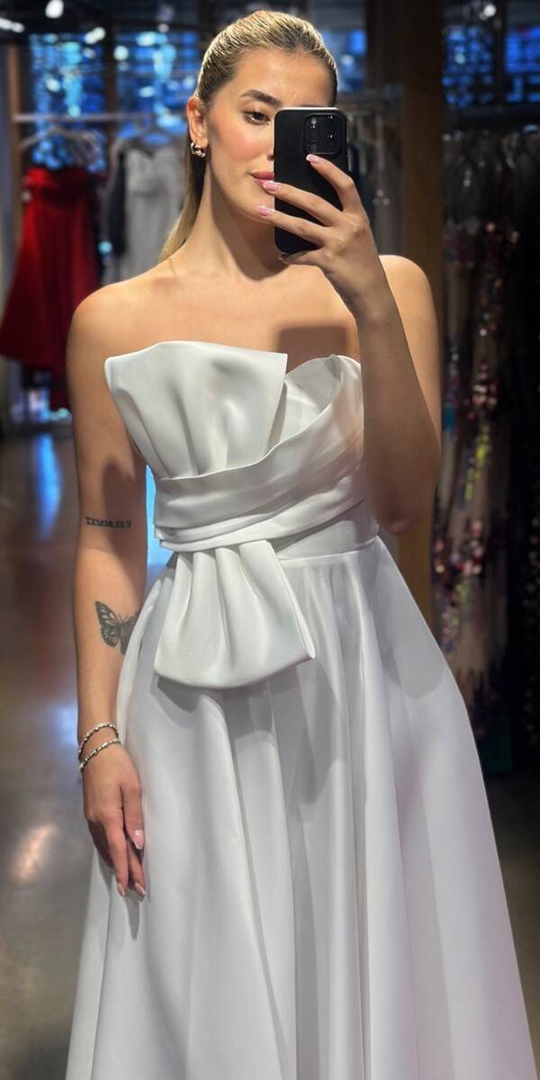 White Flared Skirt Satin Midi Evening Dress 7657 - 2