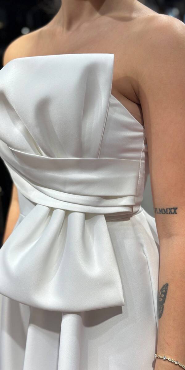 White Flared Skirt Satin Midi Evening Dress 7657 - 3