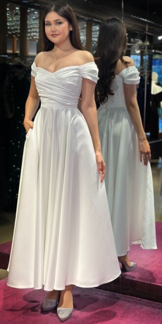 White Flared Skirt Satin Midi Evening Dress 7672 - 3