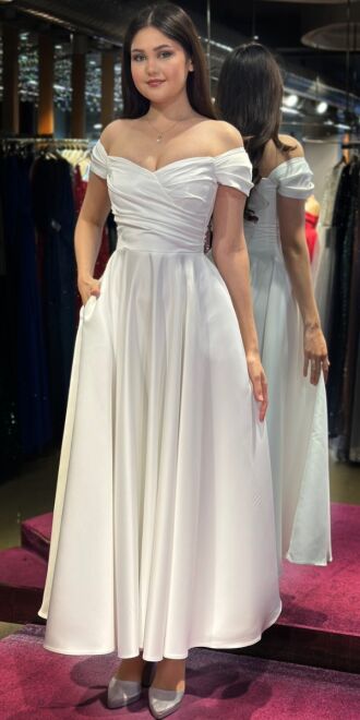 White Flared Skirt Satin Midi Evening Dress 7672 - abiyeniall