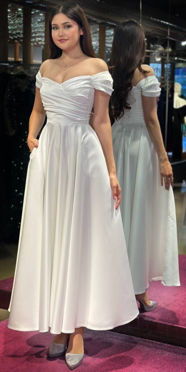 White Flared Skirt Satin Midi Evening Dress 7672 - 3