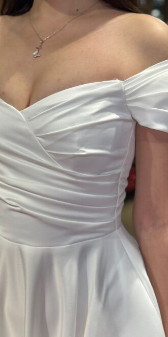 White Flared Skirt Satin Midi Evening Dress 7672 - 4