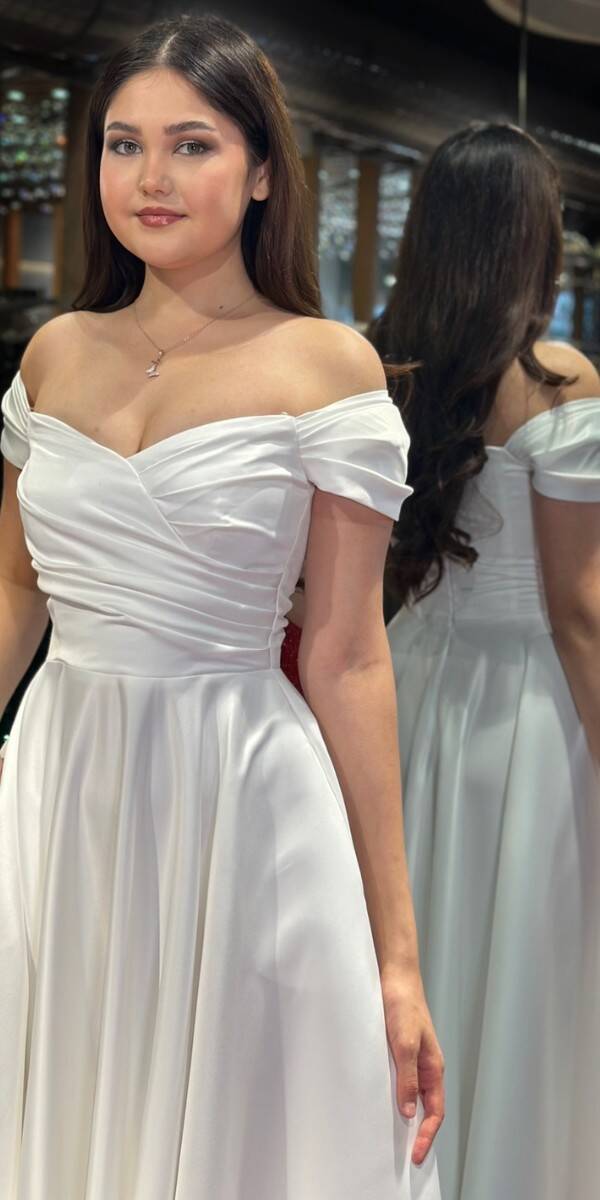 White Flared Skirt Satin Midi Evening Dress 7672 - 2