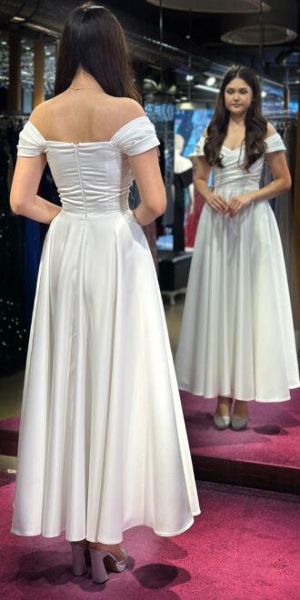 White Flared Skirt Satin Midi Evening Dress 7672 - 5