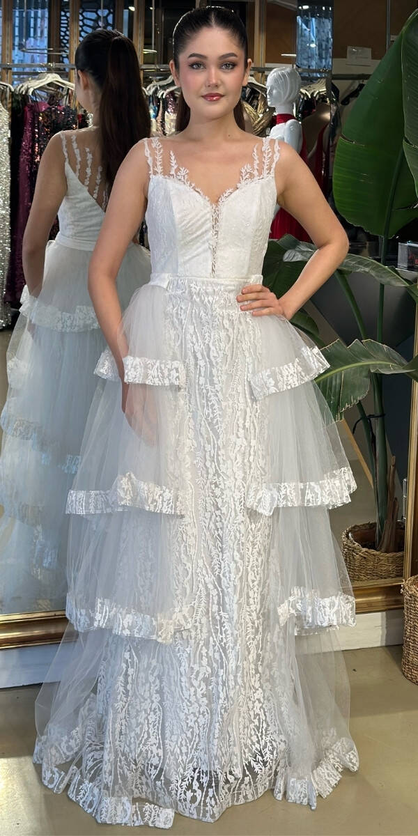 White Lace Detailed Flared Skirt Glitter Fabric Long Evening Dress 7225 - 1