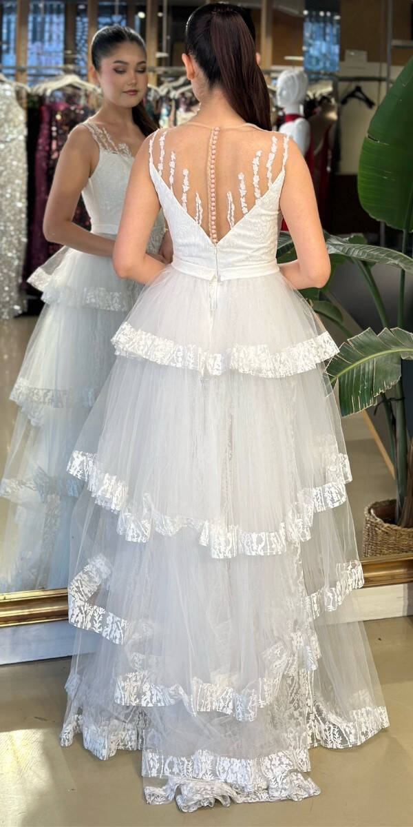 White Lace Detailed Flared Skirt Glitter Fabric Long Evening Dress 7225 - 2