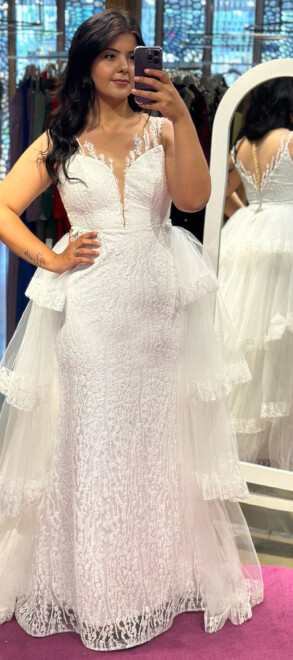 White Lace Detailed Flared Skirt Glitter Fabric Long Evening Dress 7225 - abiyeniall