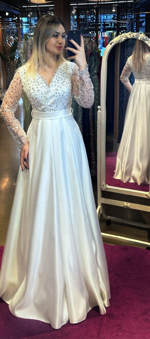 White Long Sleeve Flared Skirt Satin Long Evening Dress 7453 - abiyeniall