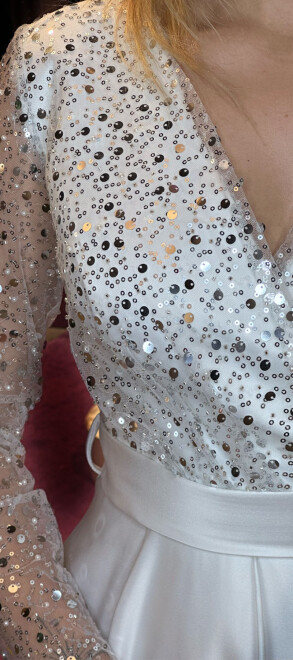 White Long Sleeve Flared Skirt Satin Long Evening Dress 7453 - 4