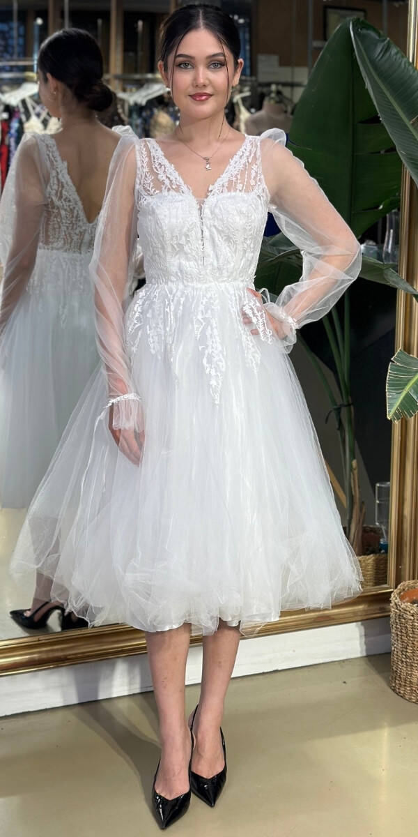 White Long Sleeve Lace Detailed Flared Skirt Tulle Midi Evening Dress 7071 - 1