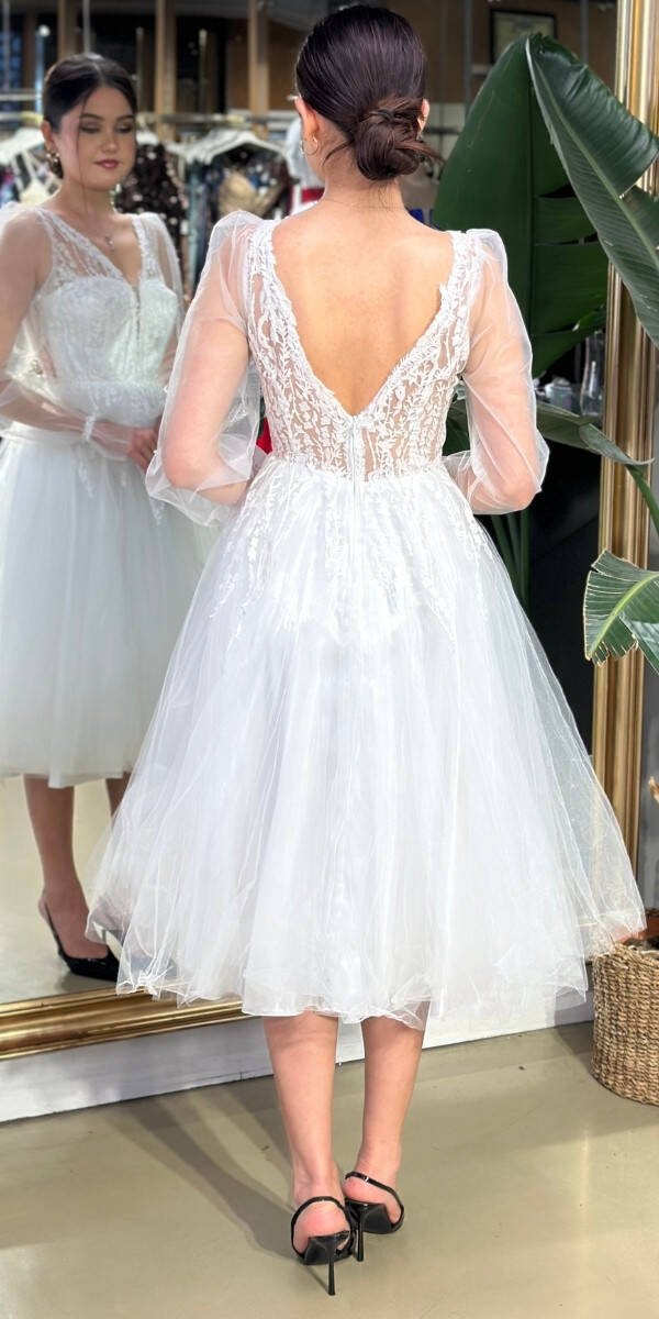 White Long Sleeve Lace Detailed Flared Skirt Tulle Midi Evening Dress 7071 - 2