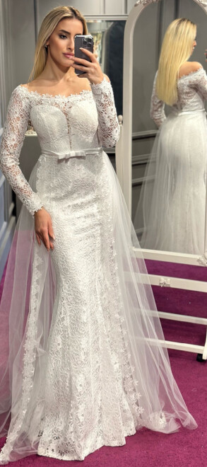 White Long Sleeve Lace Detailed Mermaid Skirt Lace Fabric Long Evening Dress 6811 - abiyeniall