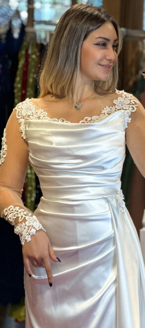 White Long Sleeve Lace Detailed Slit Straight Cut Satin Long Evening Dress 7400 - 2