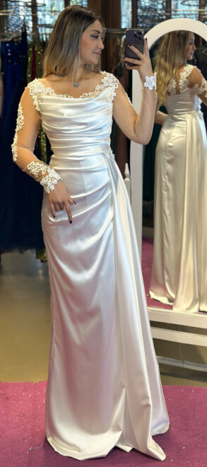 White Long Sleeve Lace Detailed Slit Straight Cut Satin Long Evening Dress 7400 - 1