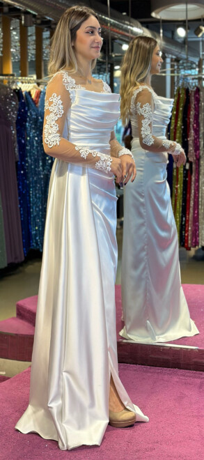 White Long Sleeve Lace Detailed Slit Straight Cut Satin Long Evening Dress 7400 - 3