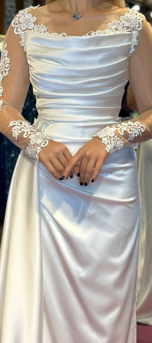 White Long Sleeve Lace Detailed Slit Straight Cut Satin Long Evening Dress 7400 - 4